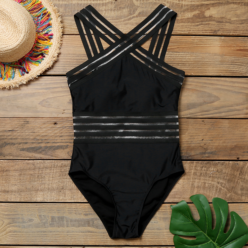 Fashion Black Cross Mesh Stitching One-piece Swimsuit,One Pieces