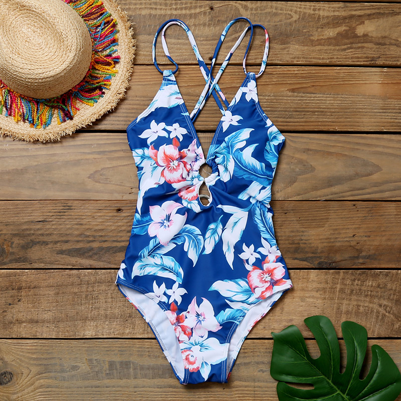 Fashion Blue Deep V-ring Hollow Cross Back One-piece Swimsuit,One Pieces