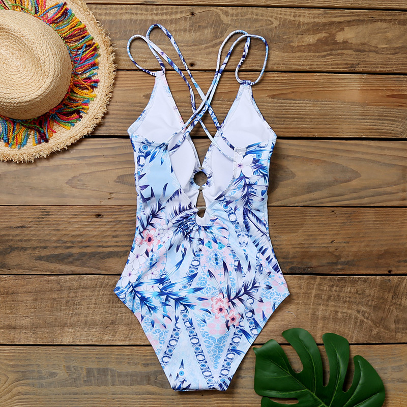 Fashion Blue Deep V-ring Hollow Cross Back One-piece Swimsuit,One Pieces