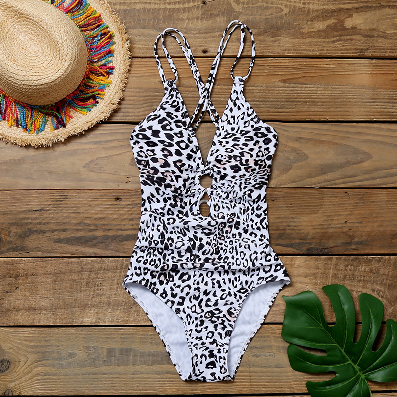 Fashion Leopard Print Deep V-ring Hollow Cross Back One-piece Swimsuit,One Pieces