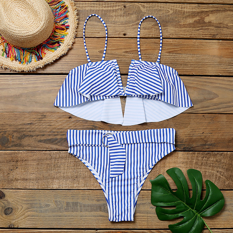 Fashion Blue Striped Underwire V-neck Ruffled Print Split Swimsuit,Bikini Sets