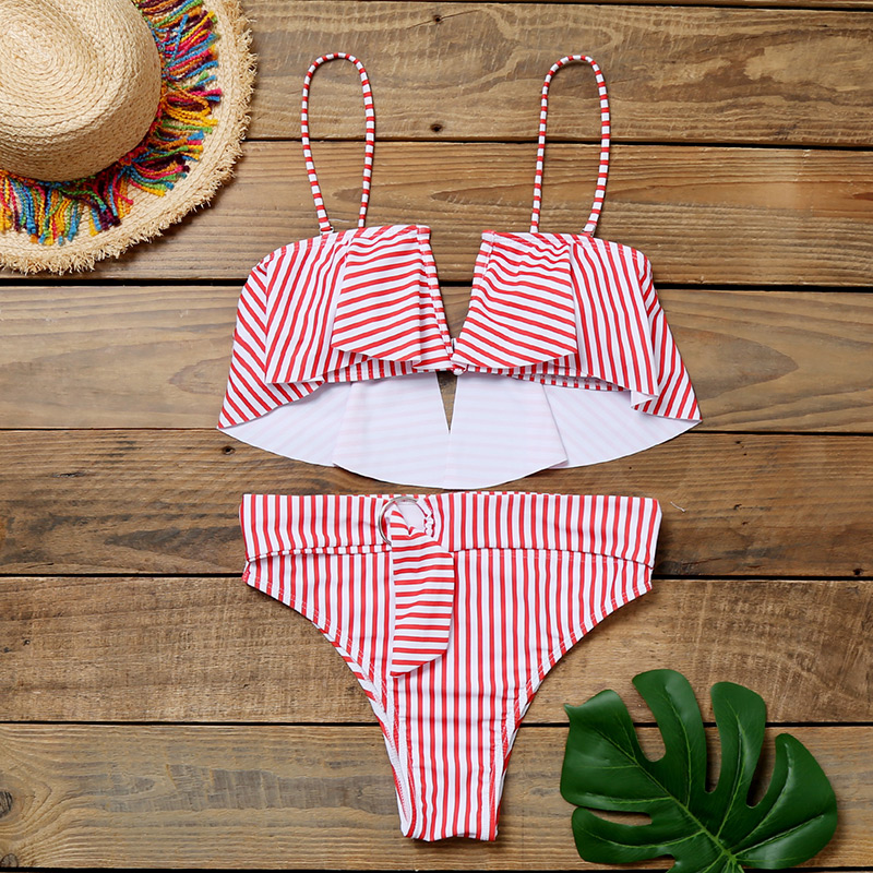 Fashion Pink Striped Underwire V-neck Ruffled Print Split Swimsuit,Bikini Sets