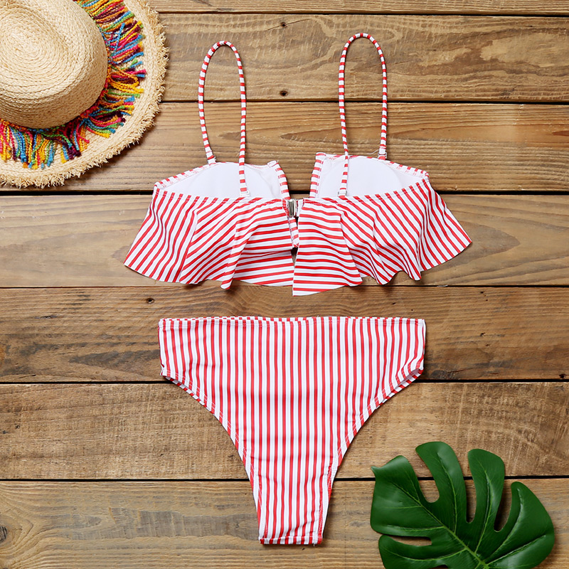Fashion Pink Striped Underwire V-neck Ruffled Print Split Swimsuit,Bikini Sets