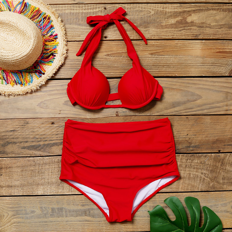 Fashion Red Hard Pack High Waist Halter Split Swimsuit,Bikini Sets