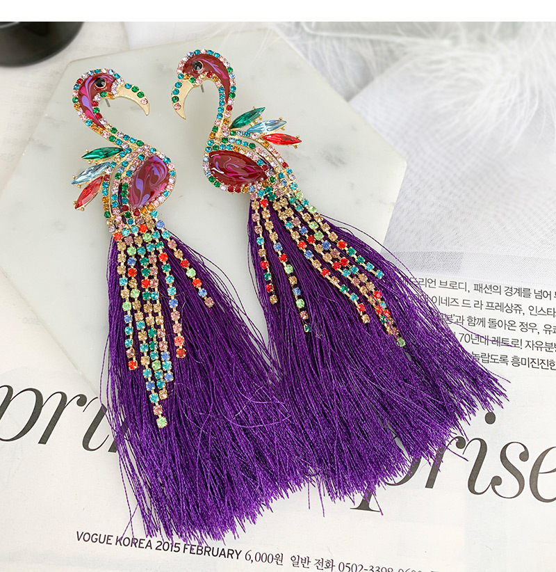 Fashion Purple Alloy Studded Flamingo Tassel Earrings,Drop Earrings