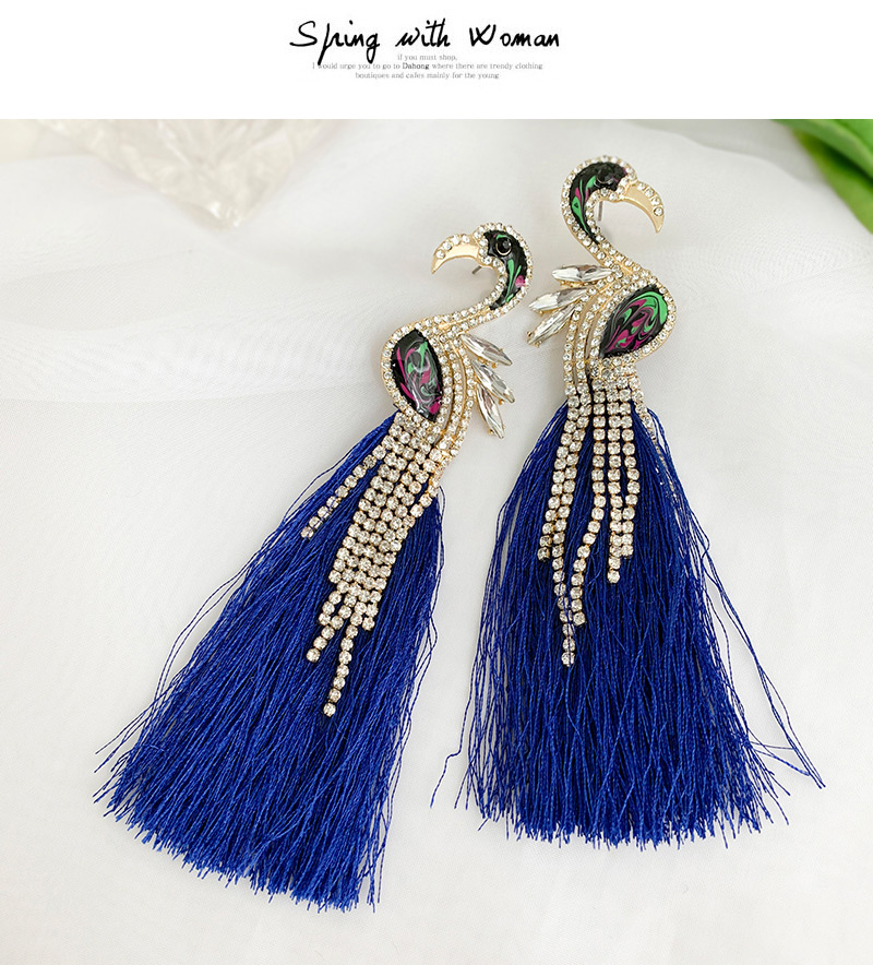 Fashion Royal Blue Alloy Studded Flamingo Tassel Earrings,Drop Earrings