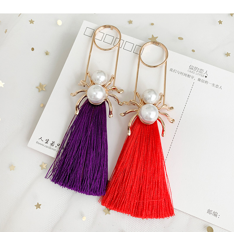 Fashion Purple Alloy Pearl Pin Spider Tassel Stud Earrings,Drop Earrings