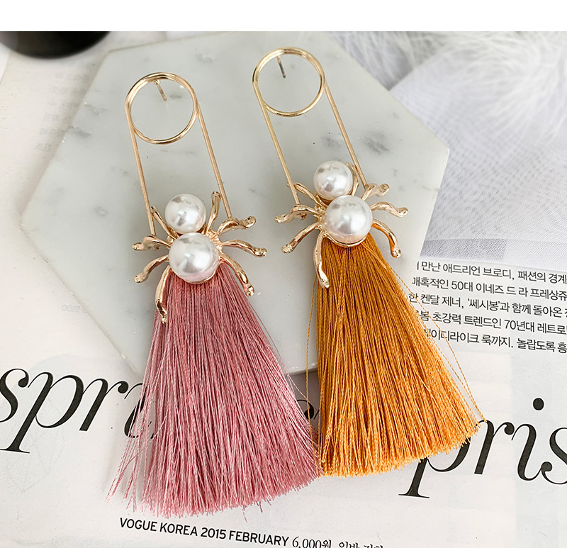 Fashion Leather Pink Alloy Pearl Pin Spider Tassel Stud Earrings,Drop Earrings