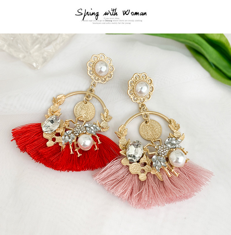 Fashion Red Alloy Studded Pearl Stud Earrings With Diamonds,Drop Earrings