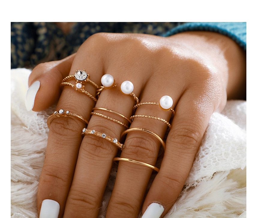 Fashion Golden 8-piece Open Diamond Ring With Pearls,Fashion Rings