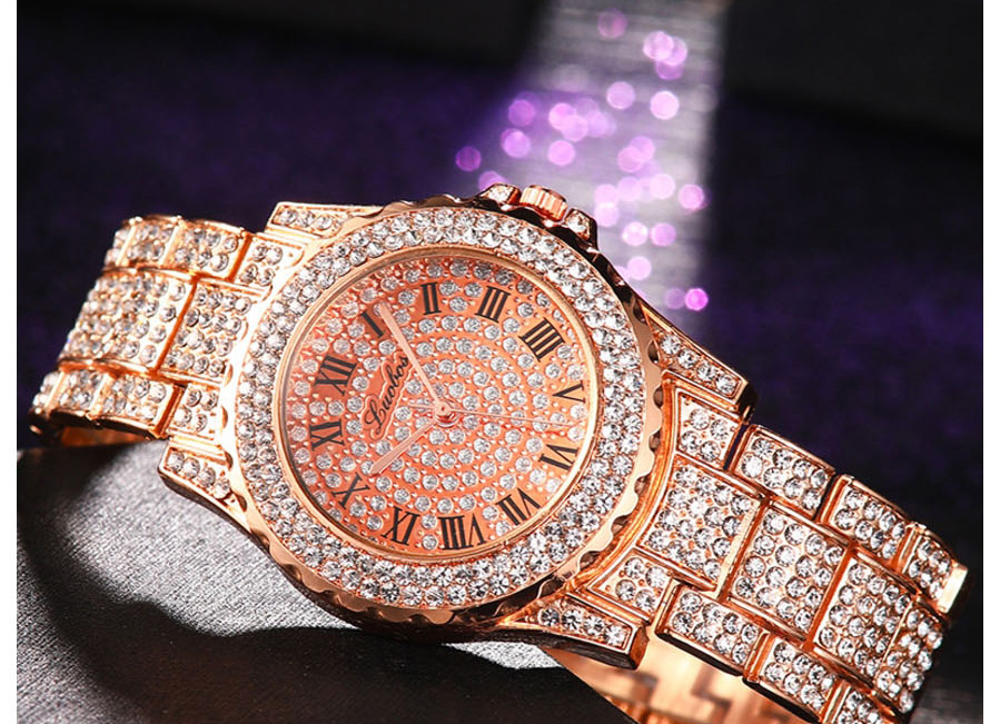 Fashion Golden Quartz Watch With Diamonds And Steel Band,Ladies Watches