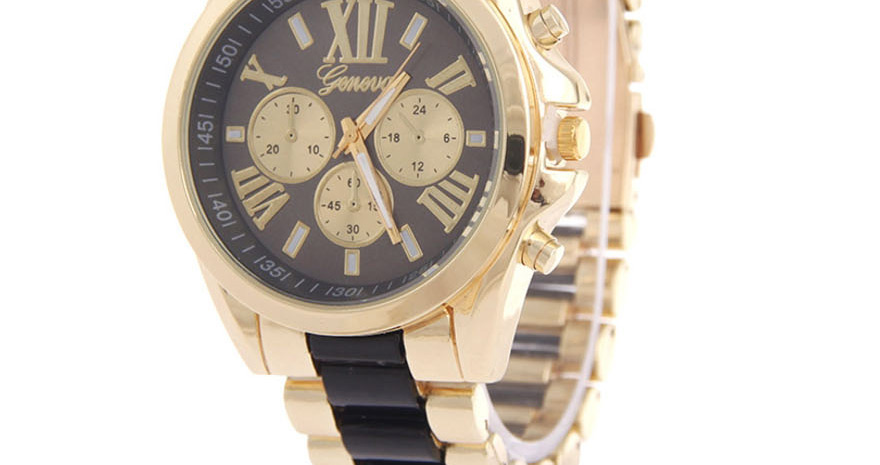 Fashion Black Roman Numeral Geneva Three-eye Steel Band Quartz Watch,Ladies Watches
