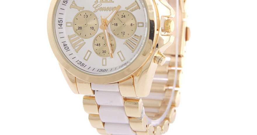 Fashion White Roman Numeral Geneva Three-eye Steel Band Quartz Watch,Ladies Watches
