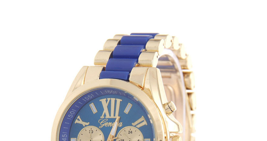 Fashion Blue Roman Numeral Geneva Three-eye Steel Band Quartz Watch,Ladies Watches