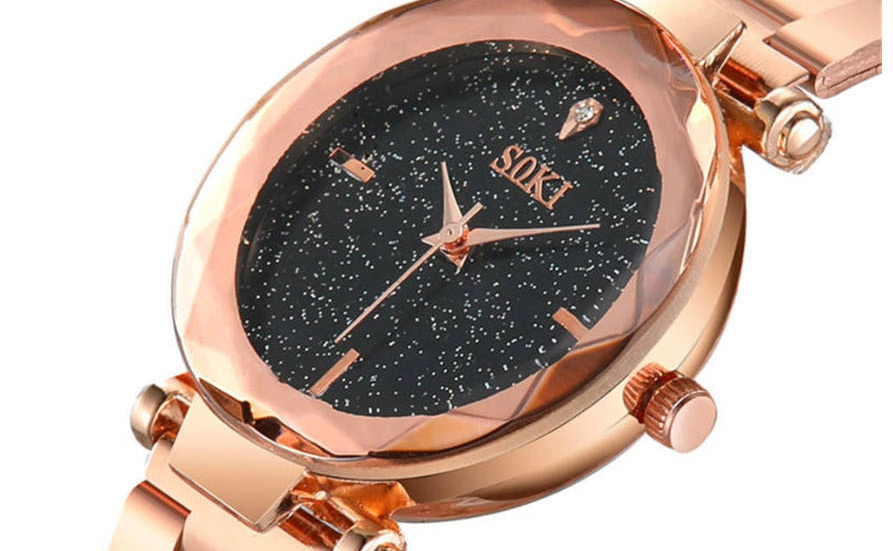 Fashion Golden Quartz Watch With Diamonds And Starry Steel Strap,Ladies Watches