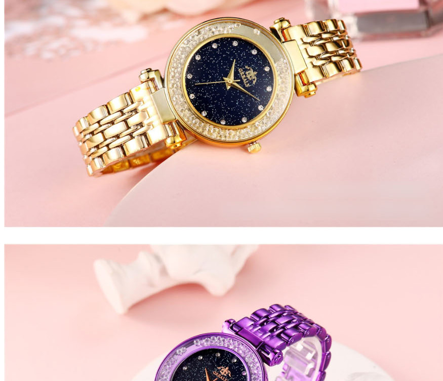 Fashion Purple Plated Imitation Steel With Point Drill Ball Quartz Watch,Ladies Watches
