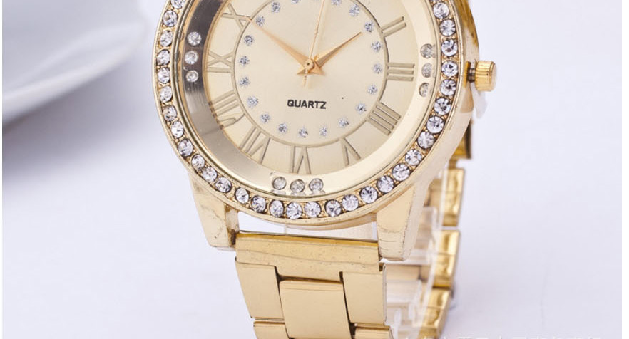 Fashion Golden Roman Scale Quartz Watch With Steel Band And Diamonds,Ladies Watches