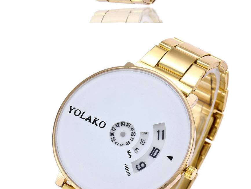 Fashion Gold With White Flour Large Dial Turntable Steel Band Quartz Pair Watch,Ladies Watches