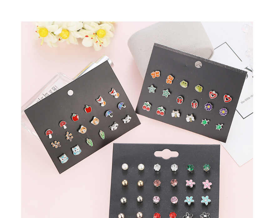 Fashion Color Mixing Feather Bow Flower Diamond Alloy Stud Earring Set 30 Pairs,Earrings set