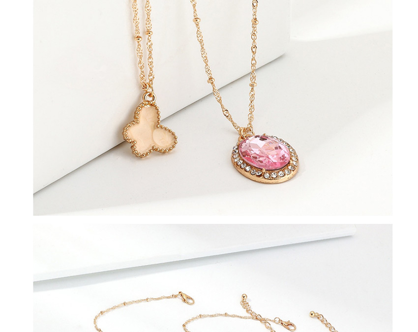 Fashion Pink Dripping Butterfly Oval Zircon Crystal Necklace Set,Multi Strand Necklaces