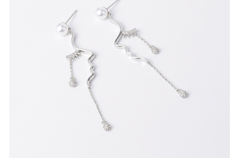 Fashion Silver Micro Inlaid Zircon Pearl Wave Drop Chain Earrings,Drop Earrings