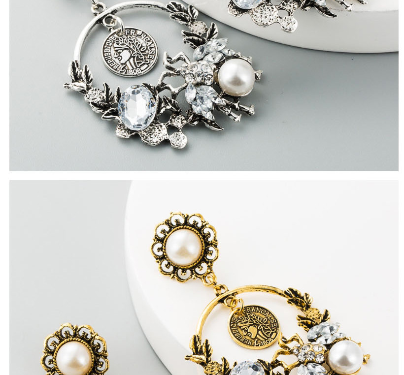 Fashion Ancient Silver Pearl Flower Portrait Geometry Cutout Earrings With Diamonds,Drop Earrings