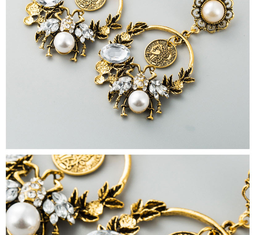 Fashion Ancient Silver Pearl Flower Portrait Geometry Cutout Earrings With Diamonds,Drop Earrings