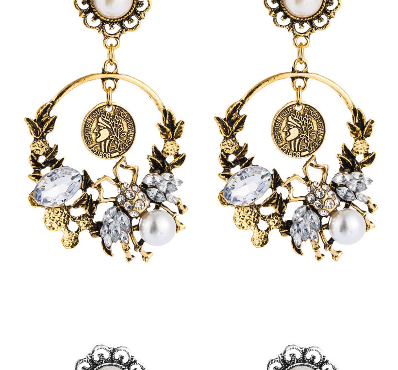 Fashion Gu Qing Pearl Flower Portrait Geometry Cutout Earrings With Diamonds,Drop Earrings