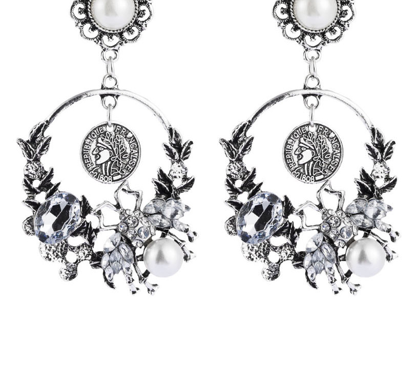 Fashion Silver Alloy Head Bee Diamond Earrings With Pearl And Diamonds,Drop Earrings