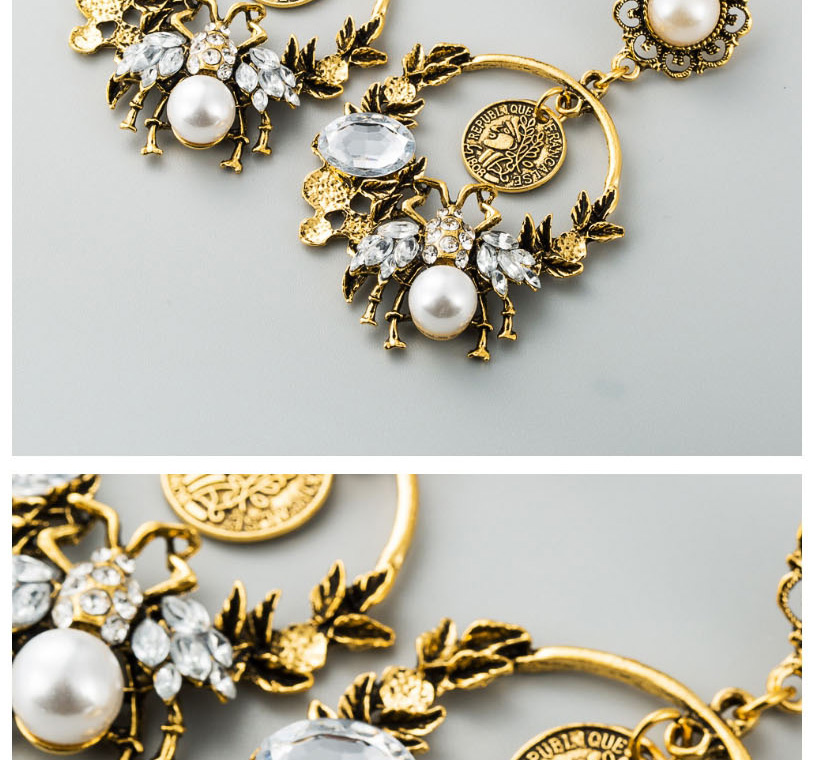 Fashion Silver Alloy Head Bee Diamond Earrings With Pearl And Diamonds,Drop Earrings