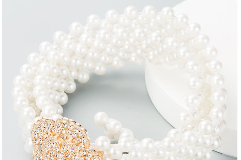 Fashion White Multi-layered Pearl Rose Belt With Diamonds,Waist Chain