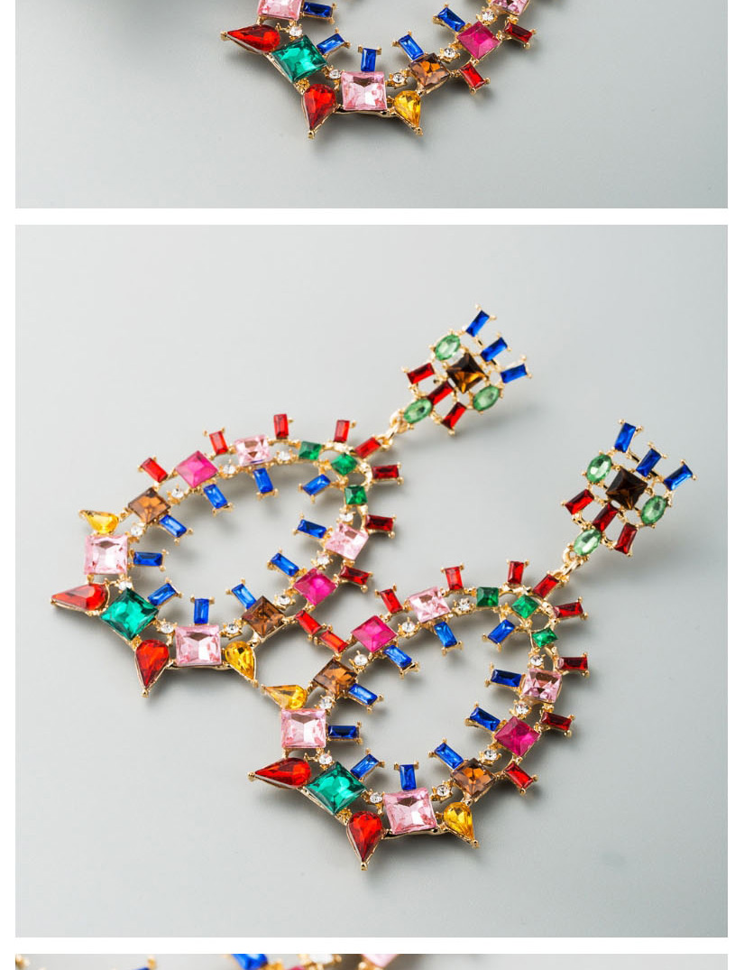 Fashion Golden Color Geometric Cutout Earrings With Colorful Rhinestones,Drop Earrings