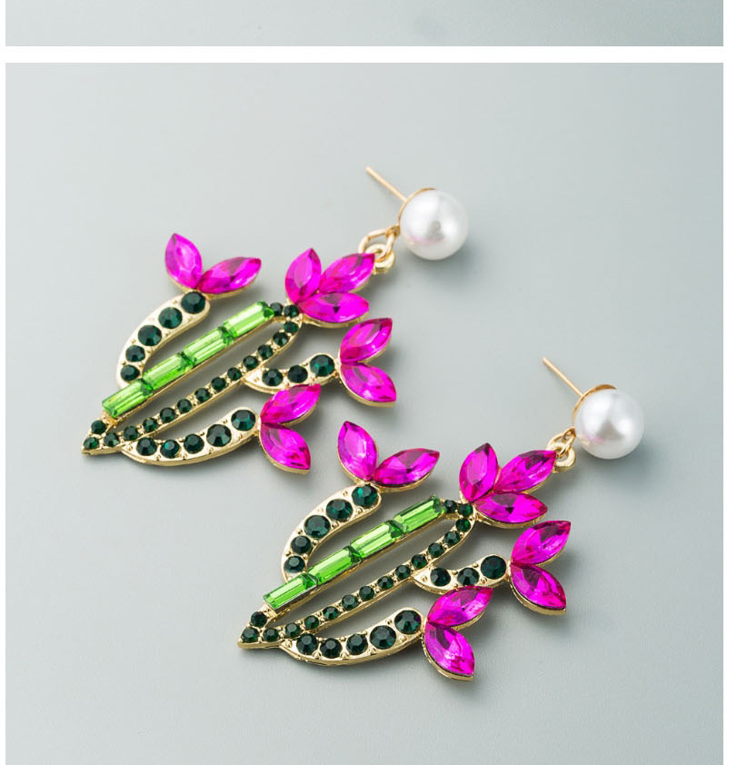 Fashion Rose Red Cactus Alloy Earrings With Colored Rhinestones,Drop Earrings
