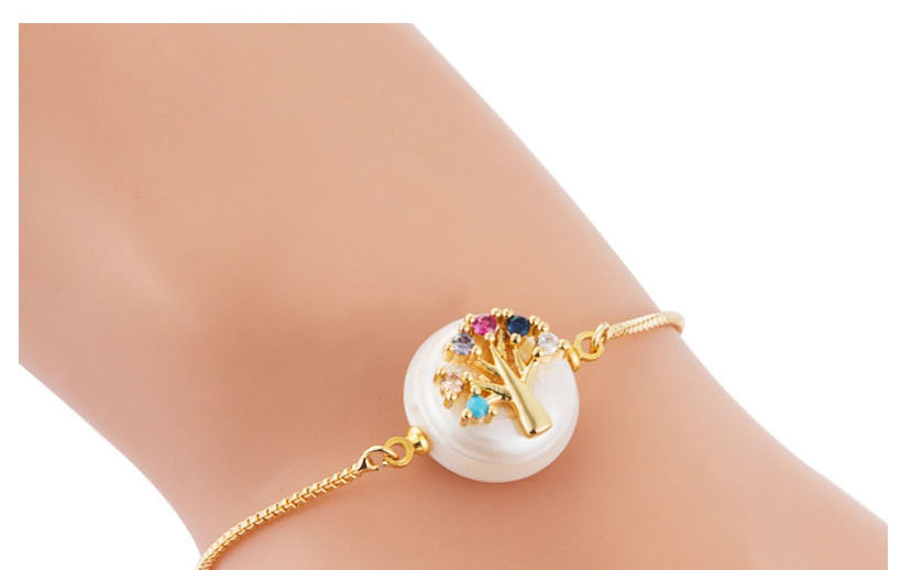 Fashion Color Brass Inlaid Colored Zircon Pull Adjustable Pearl Life Tree Bracelet,Bracelets