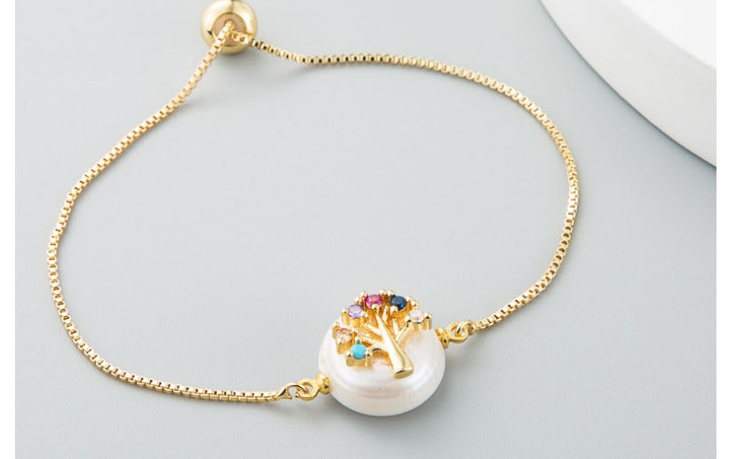 Fashion Color Brass Inlaid Colored Zircon Pull Adjustable Pearl Life Tree Bracelet,Bracelets