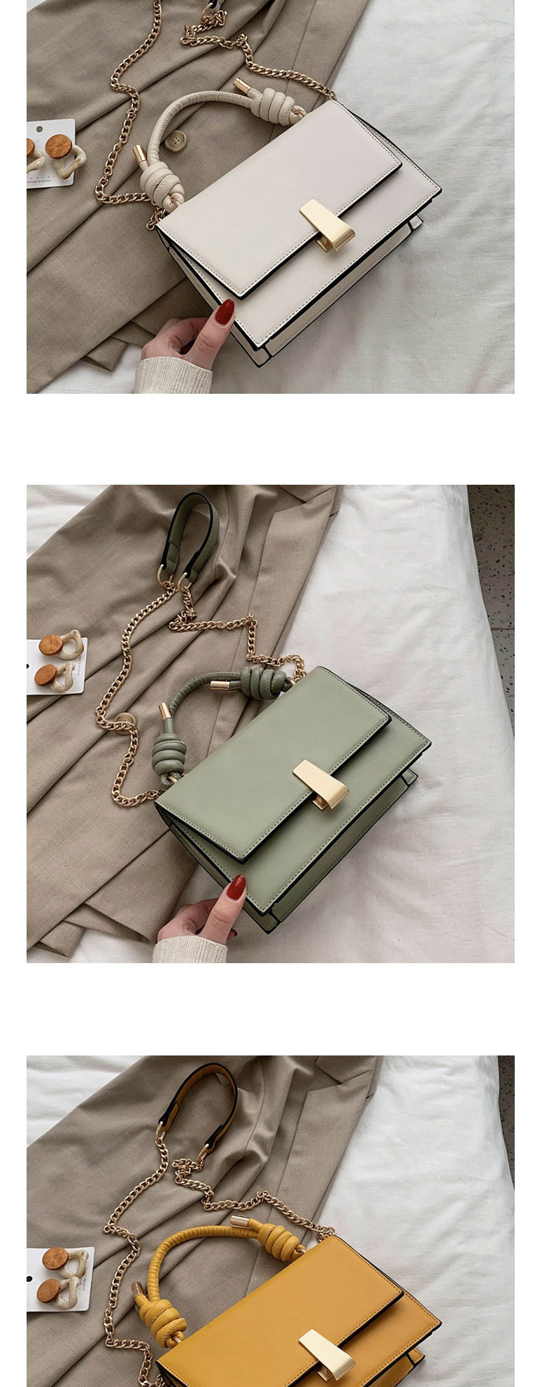 Fashion Creamy-white Chain Flap Lock Shoulder Crossbody Bag,Handbags