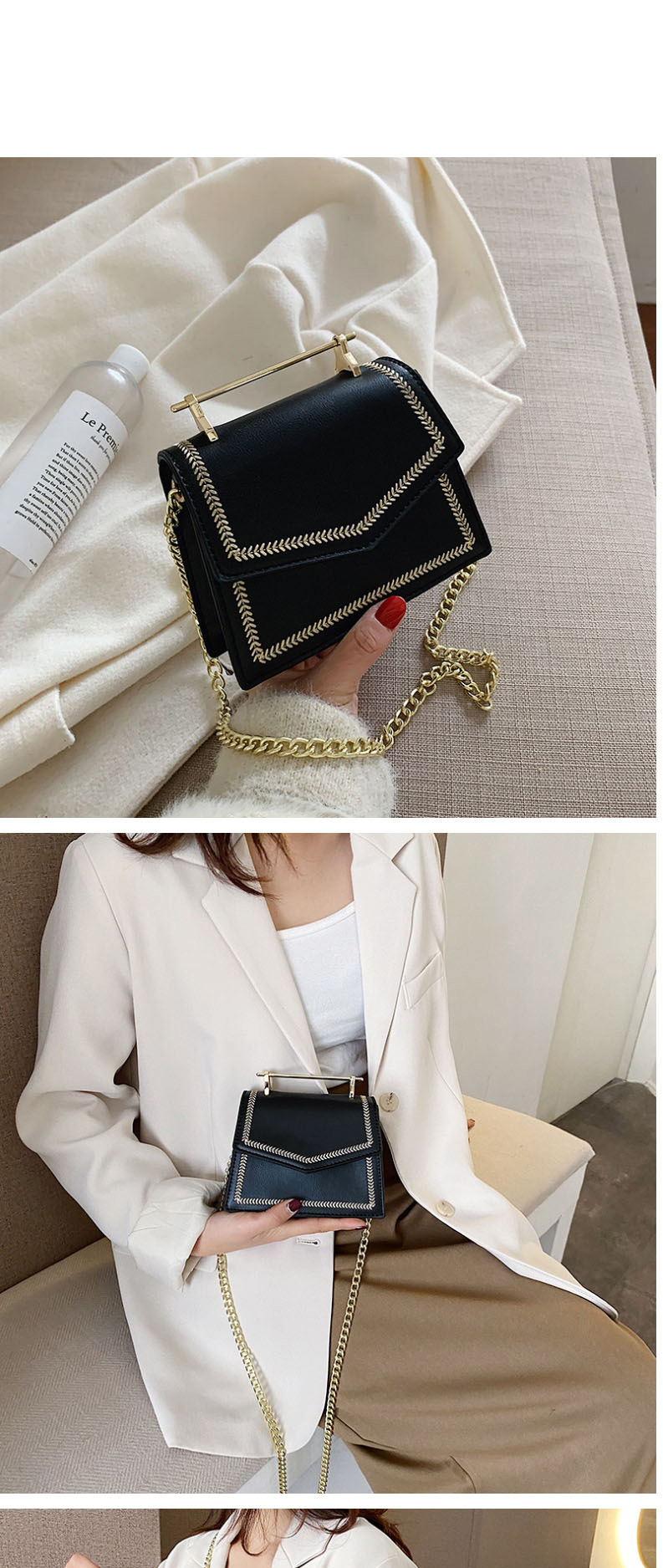 Fashion Black Chain Embroidered Shoulder Bag,Handbags