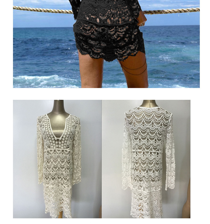 Fashion White Long Cutout Crocheted Long Sleeve Sun Cover Blouse,Sunscreen Shirts