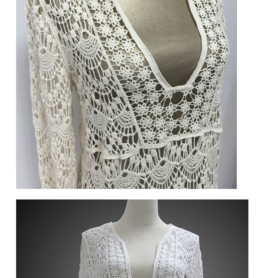 Fashion Beige Long Cutout Crocheted Long Sleeve Sun Cover Blouse,Sunscreen Shirts