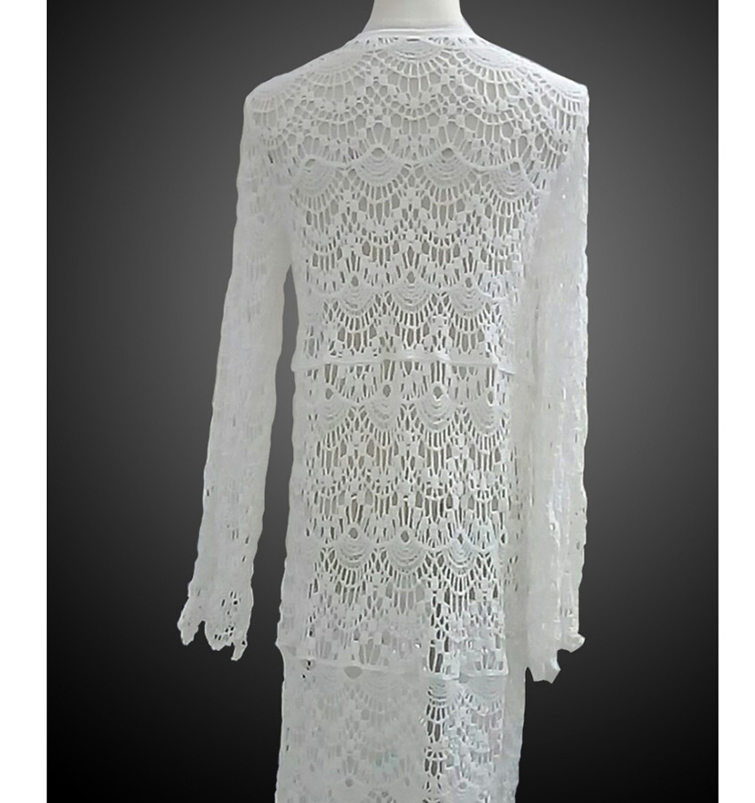 Fashion Beige Long Cutout Crocheted Long Sleeve Sun Cover Blouse,Sunscreen Shirts
