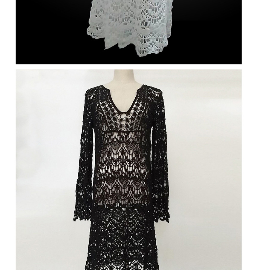Fashion Black Long Cutout Crocheted Long Sleeve Sun Cover Blouse,Sunscreen Shirts