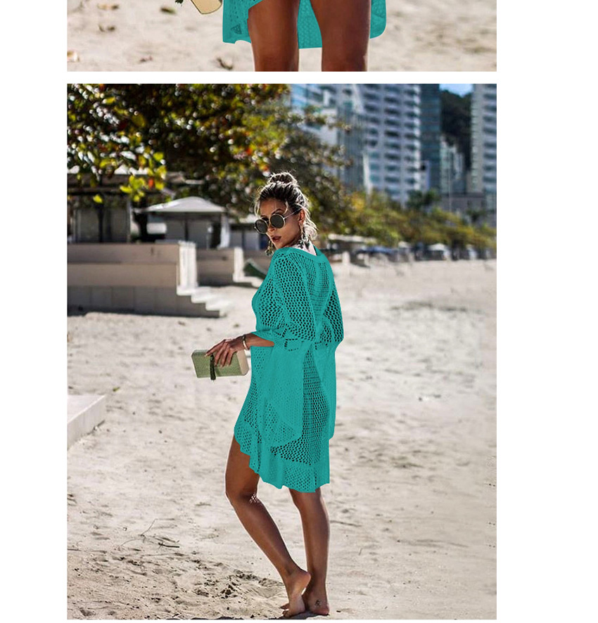 Fashion Lake Green Hollow Knit Skirt Flare Sleeve Sunscreen Blouse,Sunscreen Shirts