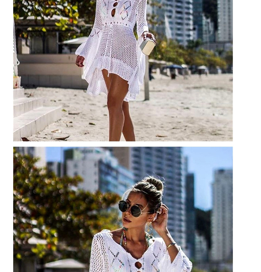 Fashion Apricot Hollow Knit Skirt Flare Sleeve Sunscreen Blouse,Sunscreen Shirts