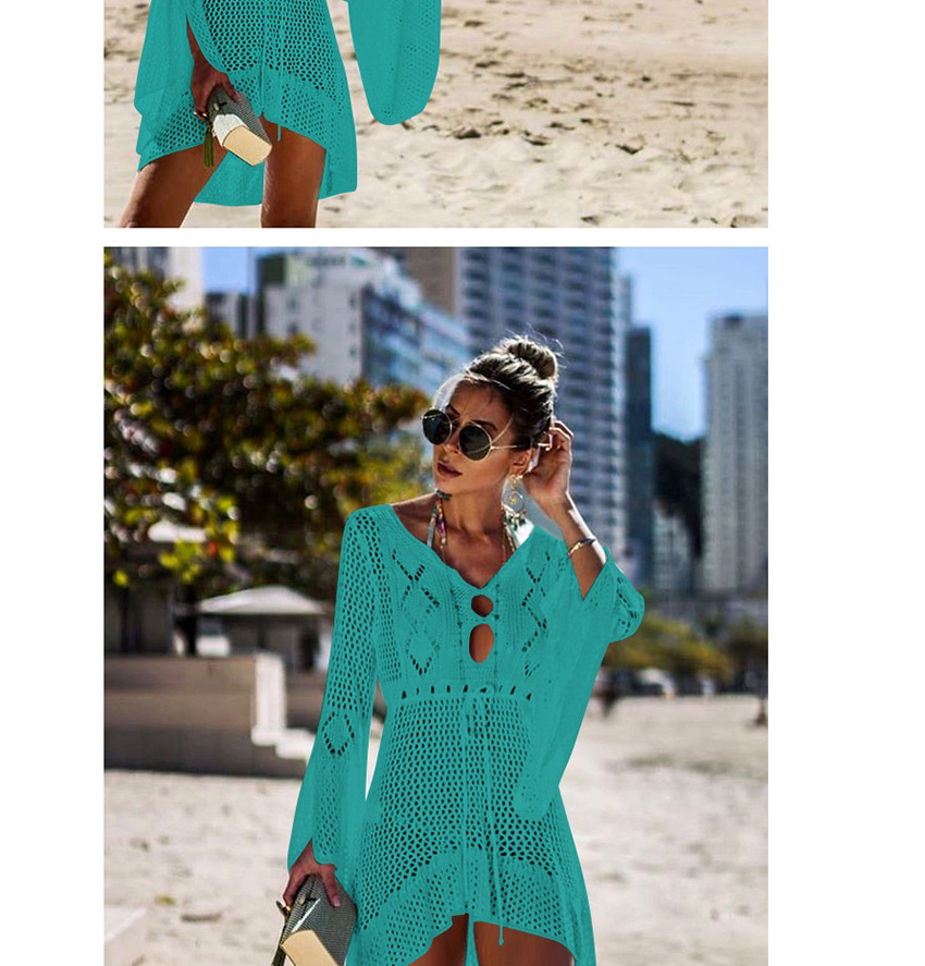 Fashion Lake Green Hollow Knit Skirt Flare Sleeve Sunscreen Blouse,Sunscreen Shirts