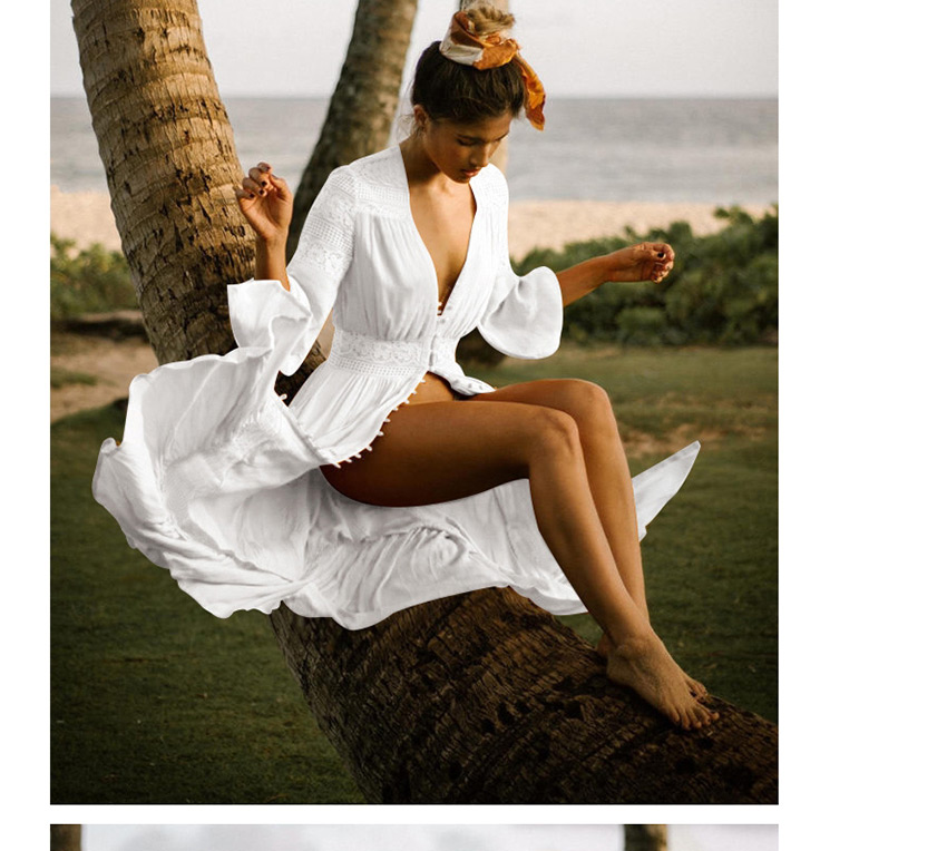 Fashion White V-neck Cotton Lace Multi-button Cardigan Skirt Sun Protection Clothing,Sunscreen Shirts
