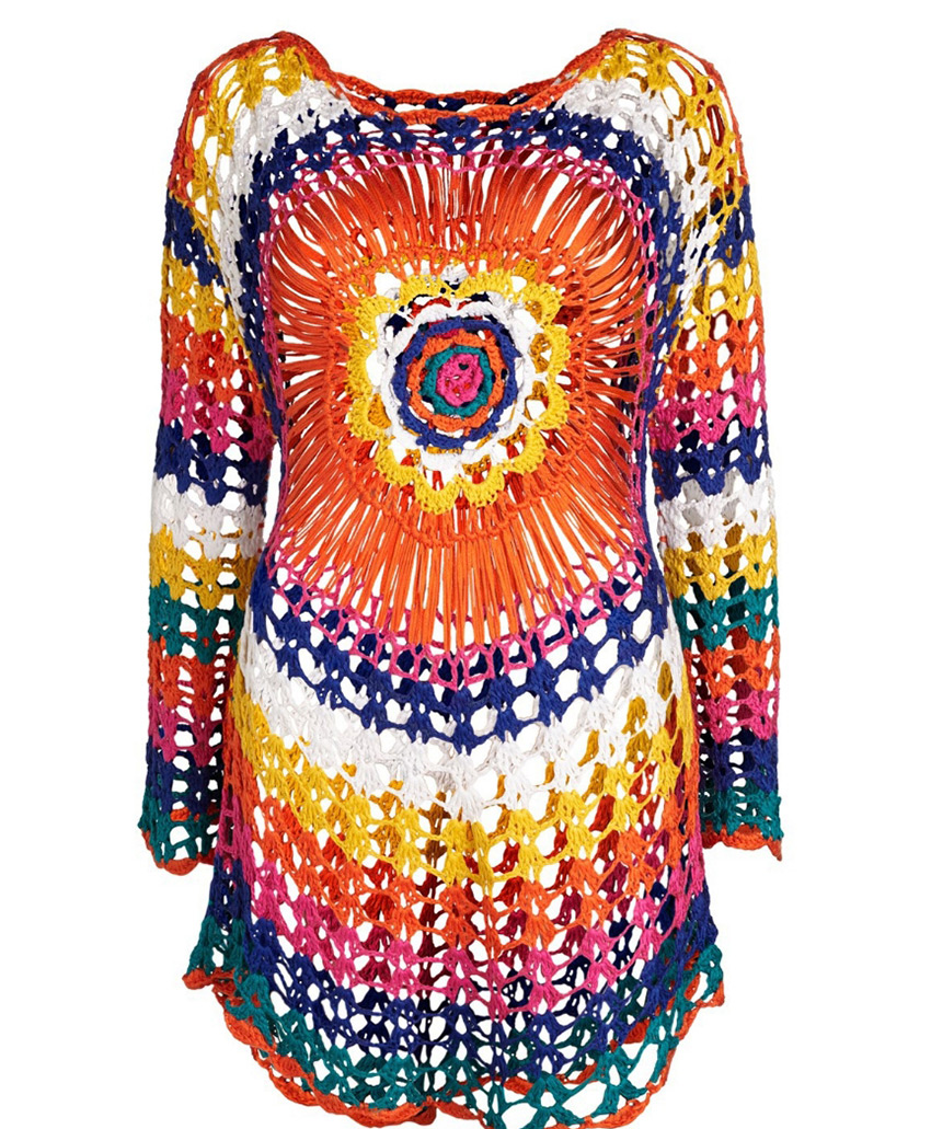 Fashion Apricot Hand-knit Flower Cutout Long Sleeve Blouse,Sunscreen Shirts