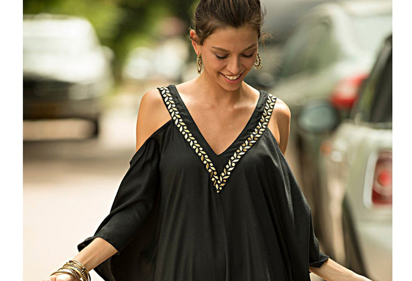 Fashion Black V-neck Gold-lined Strapless Skirt,Sunscreen Shirts