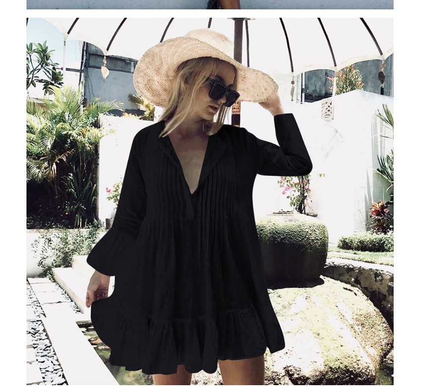 Fashion Black Cotton Cotton Pleated Button Flared Sleeves Plus Size Sun Protection Clothing,Sunscreen Shirts