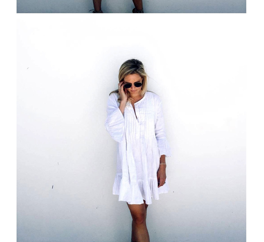 Fashion White Cotton Cotton Pleated Button Flared Sleeves Plus Size Sun Protection Clothing,Sunscreen Shirts