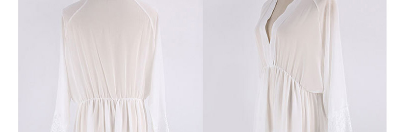 Fashion White Chiffon V-neck Patchwork Maxi Smock,Sunscreen Shirts